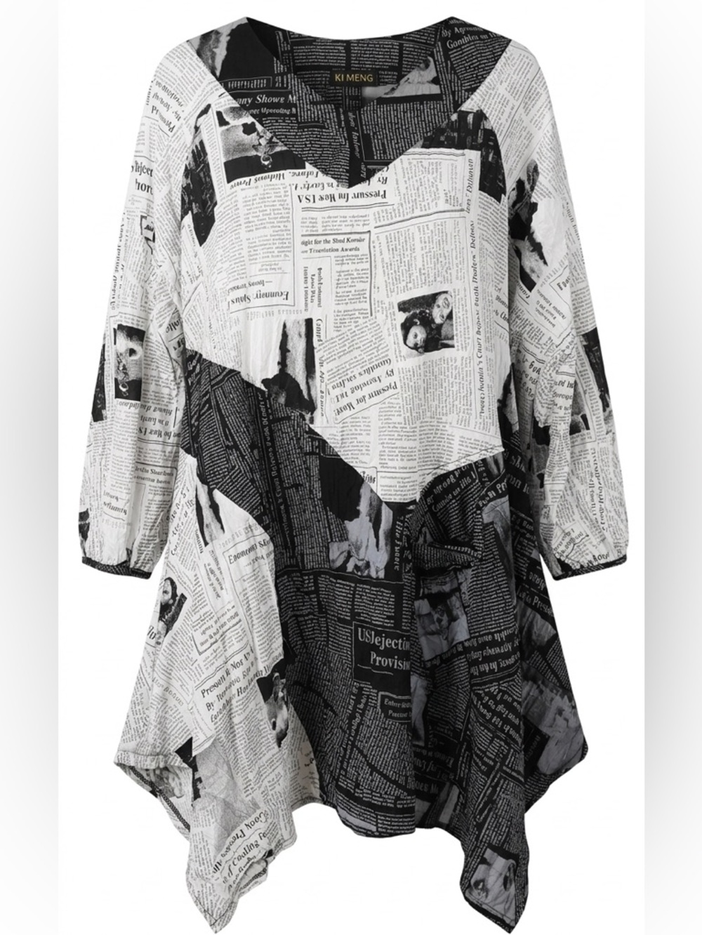 NWT• KI-MENG Plus 1XL Newspaper Print Asymmetrical Tunic Dress Y2K